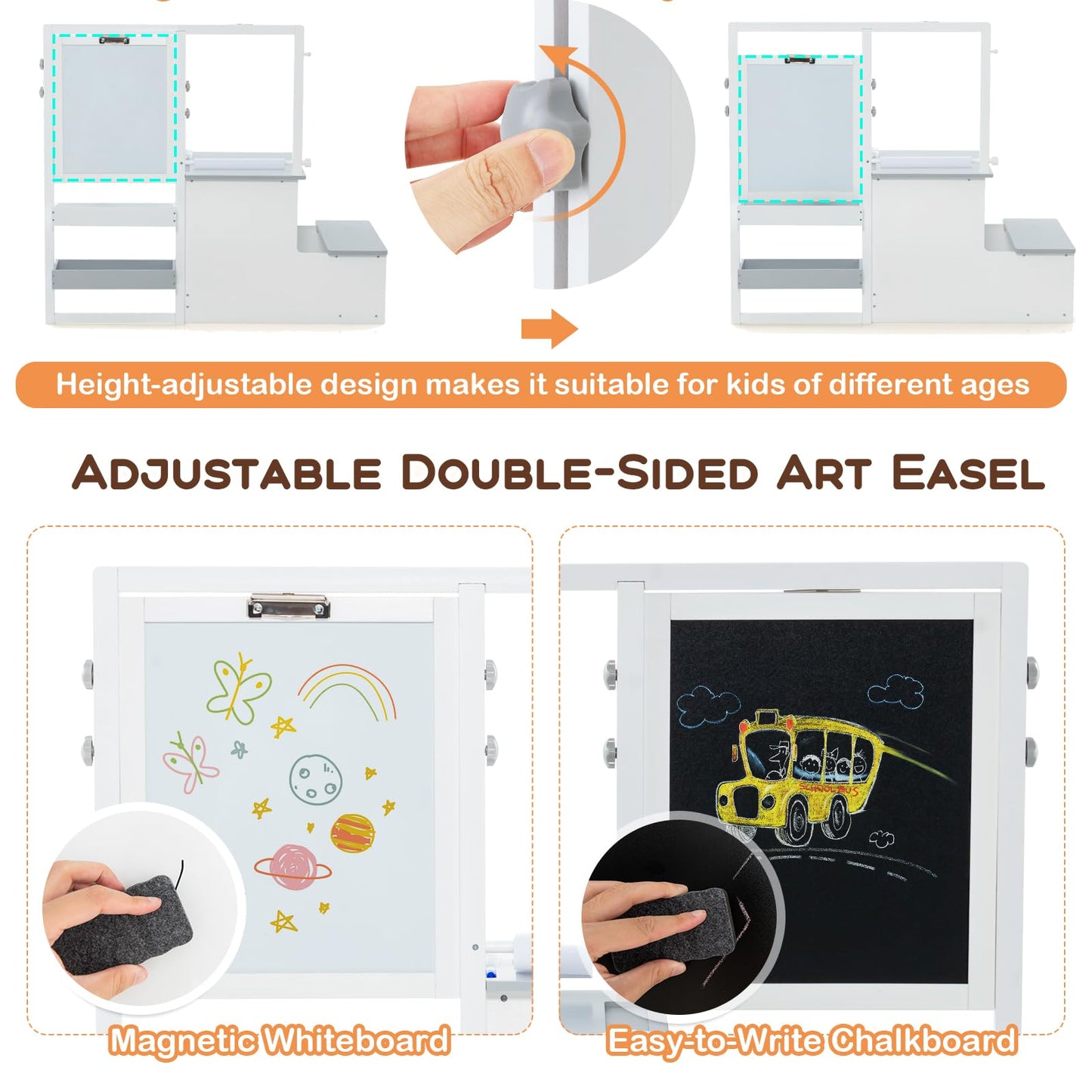 Kids Art Easel Table and Bench Set with Adjustable Easel and Bookshelf