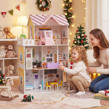 Wooden Dollhouse, Large 3-Storey Kids Playhouse with Simulated Rooms