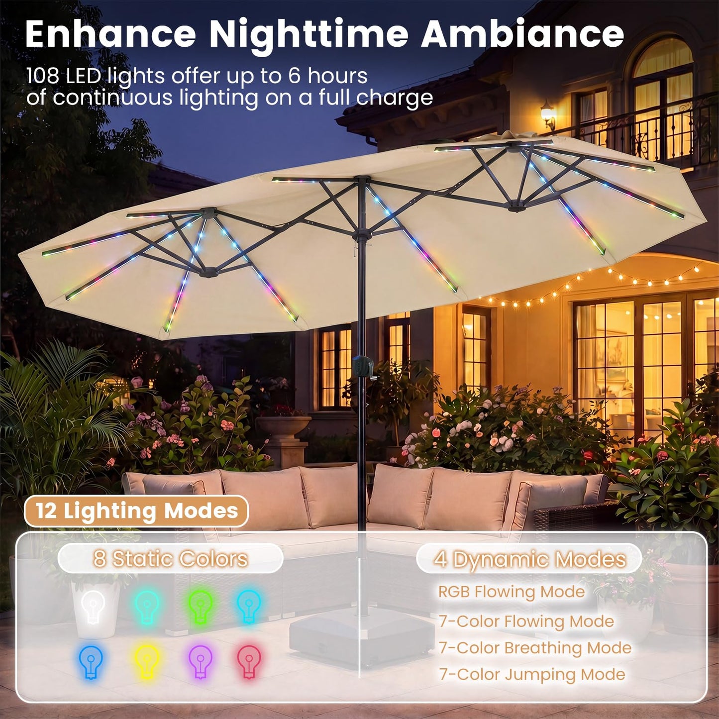 12 Heavy-Duty Ribs Extra Large Sun Umbrella with Lights & Crank Handle