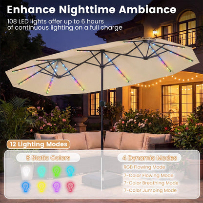 12 Heavy-Duty Ribs Extra Large Sun Umbrella with Lights & Crank Handle
