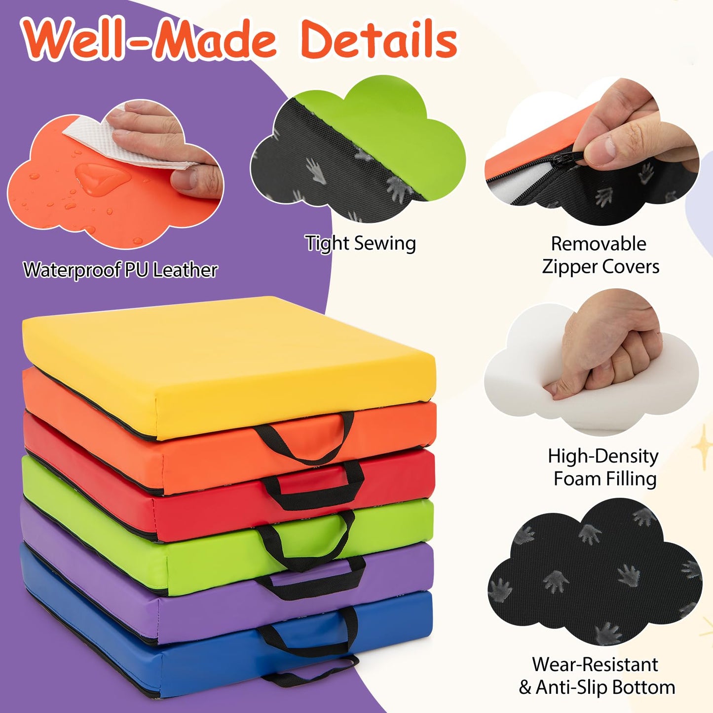6 PCS Square Kids Seat Cushions with Handle