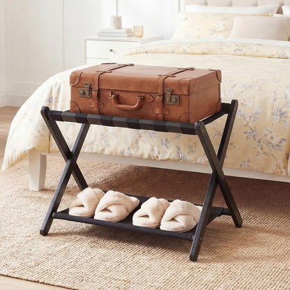 Folding Luggage Rack, Solid Rubber Wood Suitcase Stand with Storage Shelf