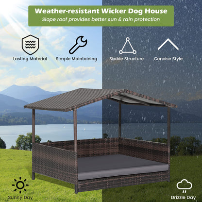Wicker Dog House with Roof and Removable Cushion for Living Room Yard