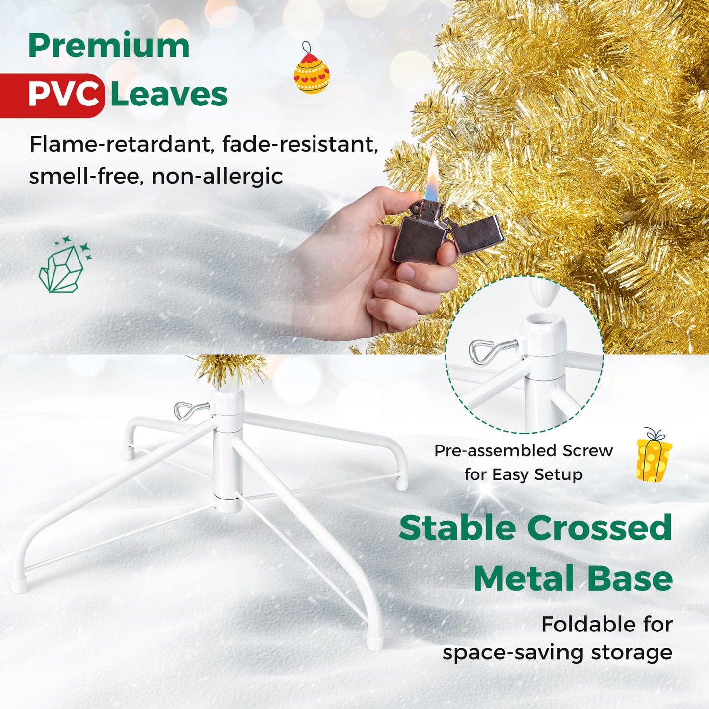 6FT Gold Artificial Christmas Tree, Hinged Xmas Pine Trees