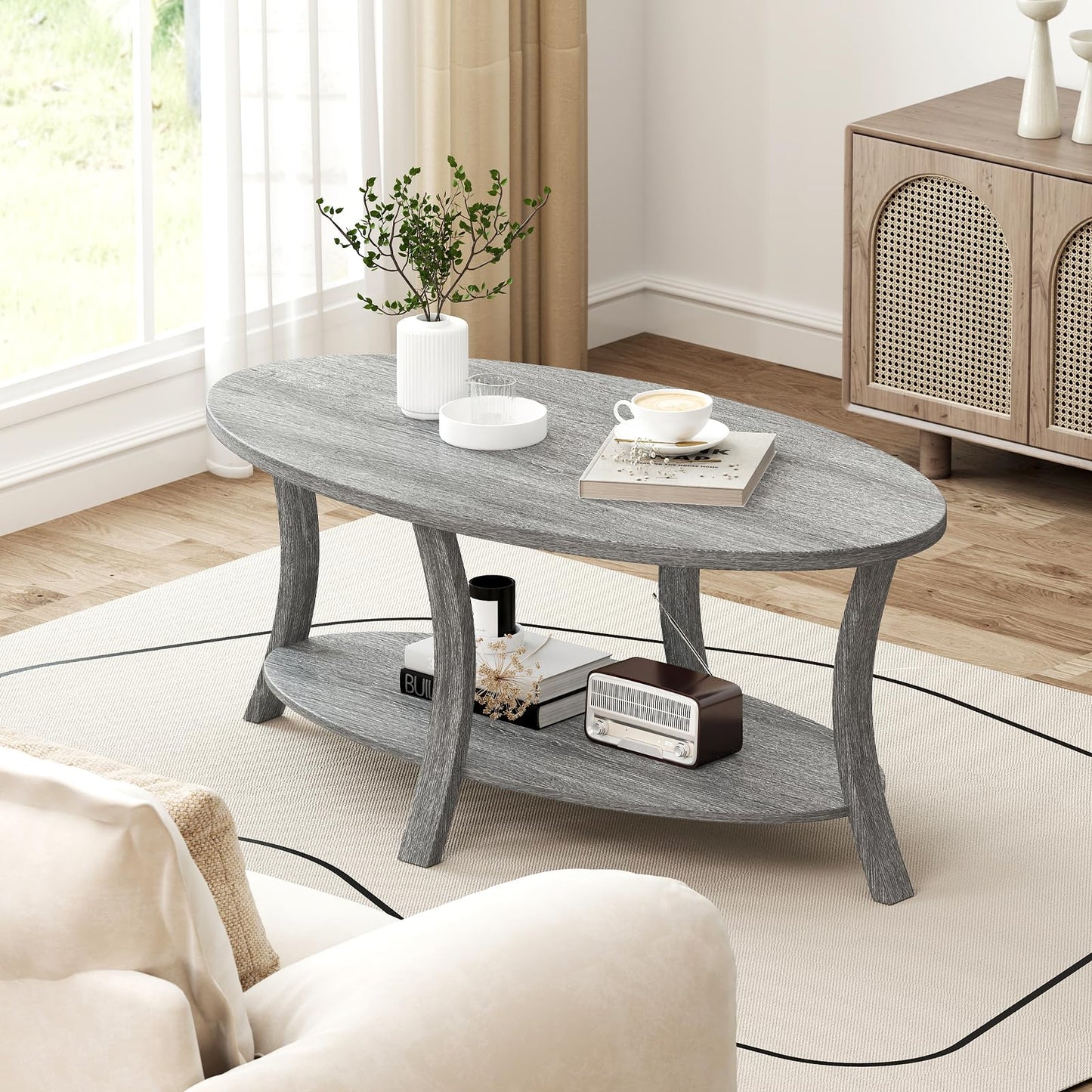 Oval Coffee Table 2-Tier Center Table with Storage Shelf