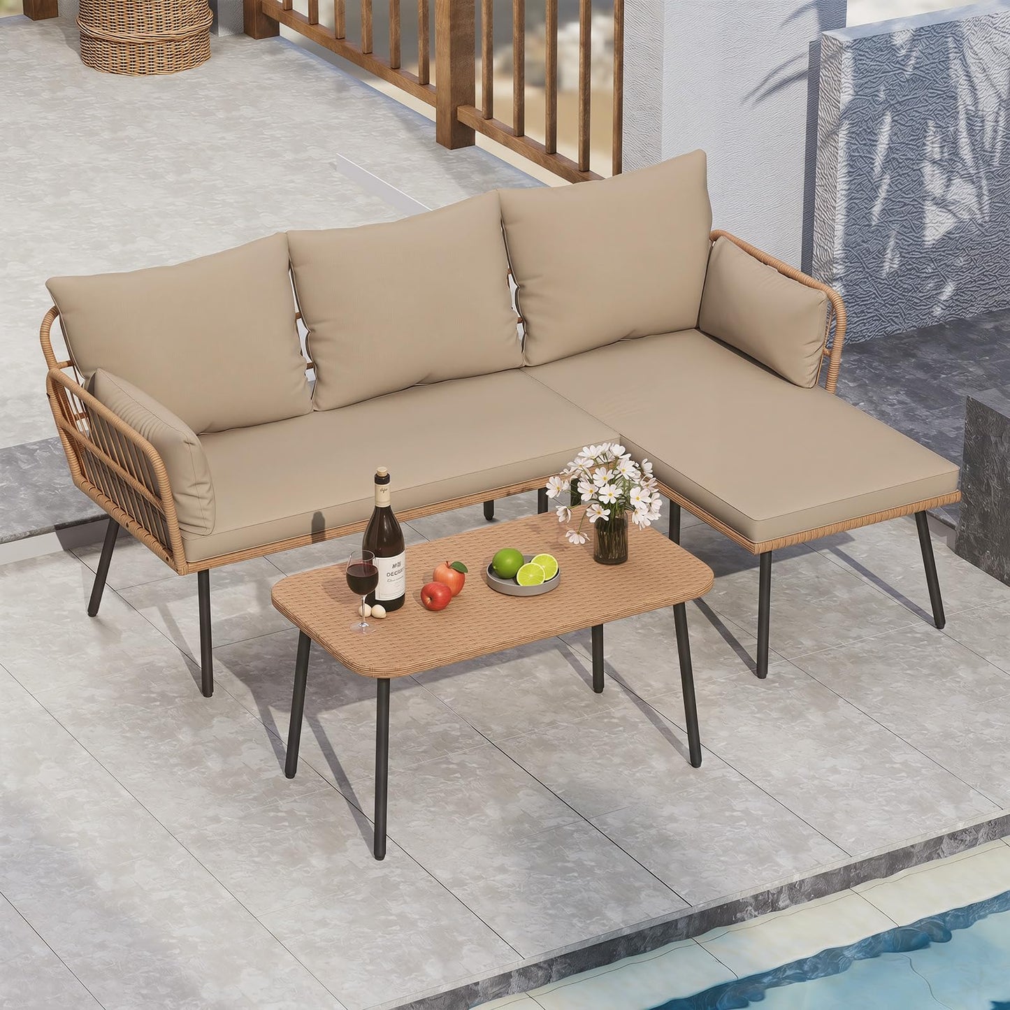 4-Seater Rattan Garden Furniture Set, 3-Piece L Shaped Sectional Outdoor Corner Sofa Sets