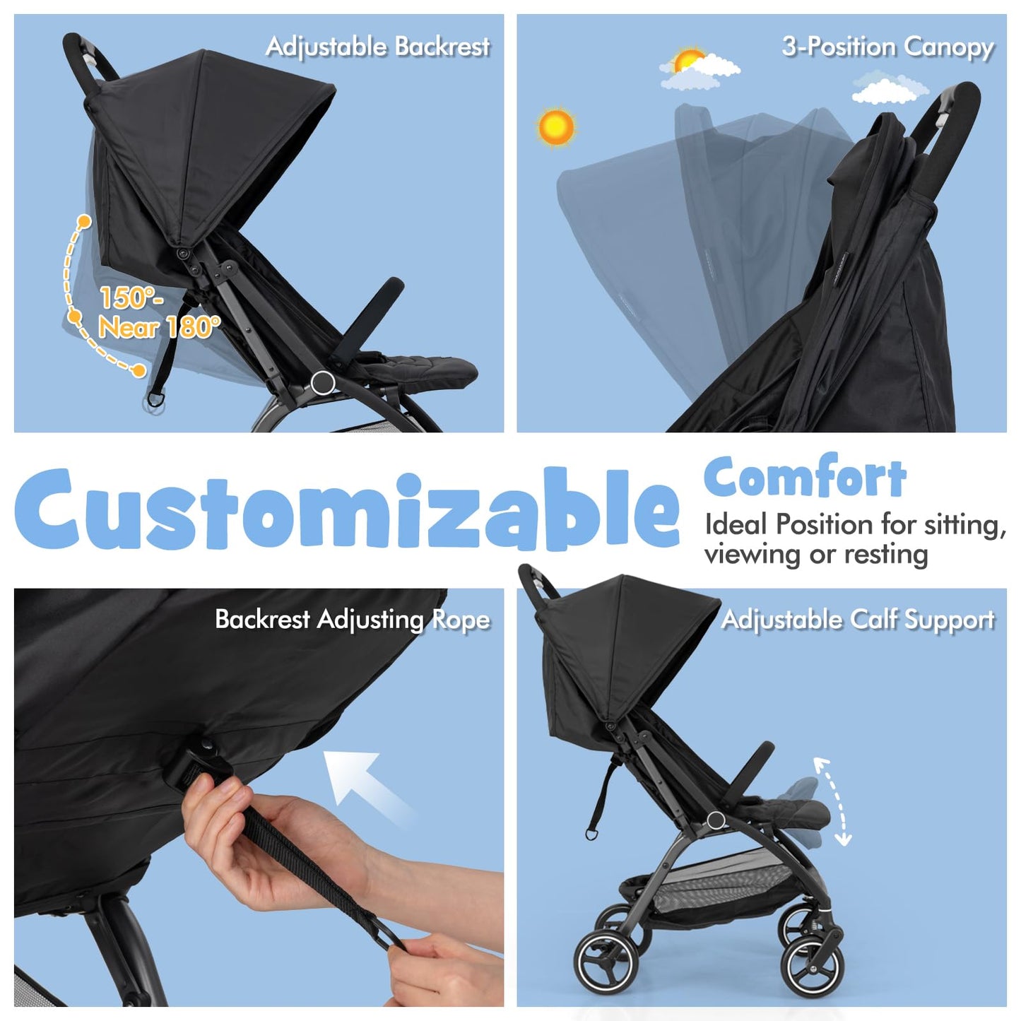 One Hand Foldable Toddler Stroller with Adjustable Backrest & Canopy