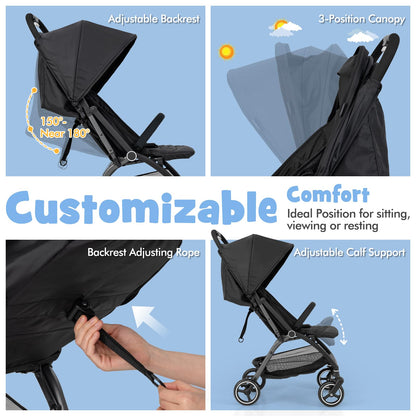 One Hand Foldable Toddler Stroller with Adjustable Backrest & Canopy