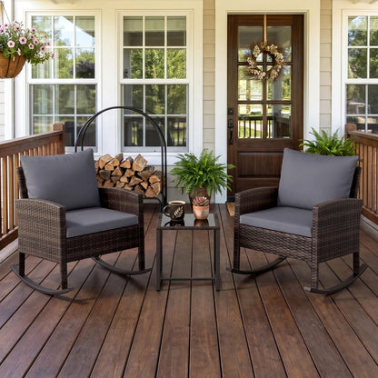 3 PCS Garden Rocking Bistro Set, PE Rattan Furniture Set with Coffee Table