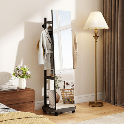 360¡ã Rotating Wood Frame Full Body Floor Mirror with Hanging Hooks