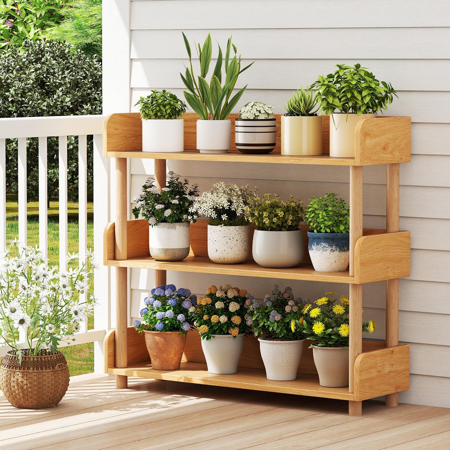 Sturdy Pine Wood, Elevated Guardrails, Free Standing Open Shelving Unit Plant Stand