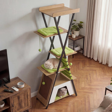 Multi-level Cat Tree, 185CM Wooden Cat Tower with Elevated Perch