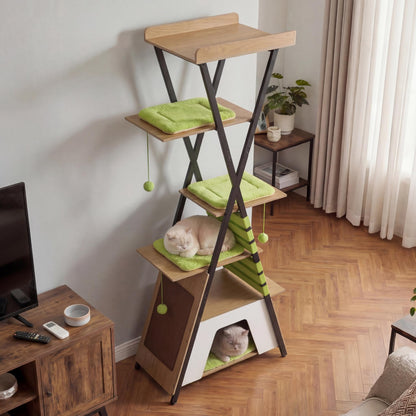Multi-level Cat Tree, 185CM Wooden Cat Tower with Elevated Perch
