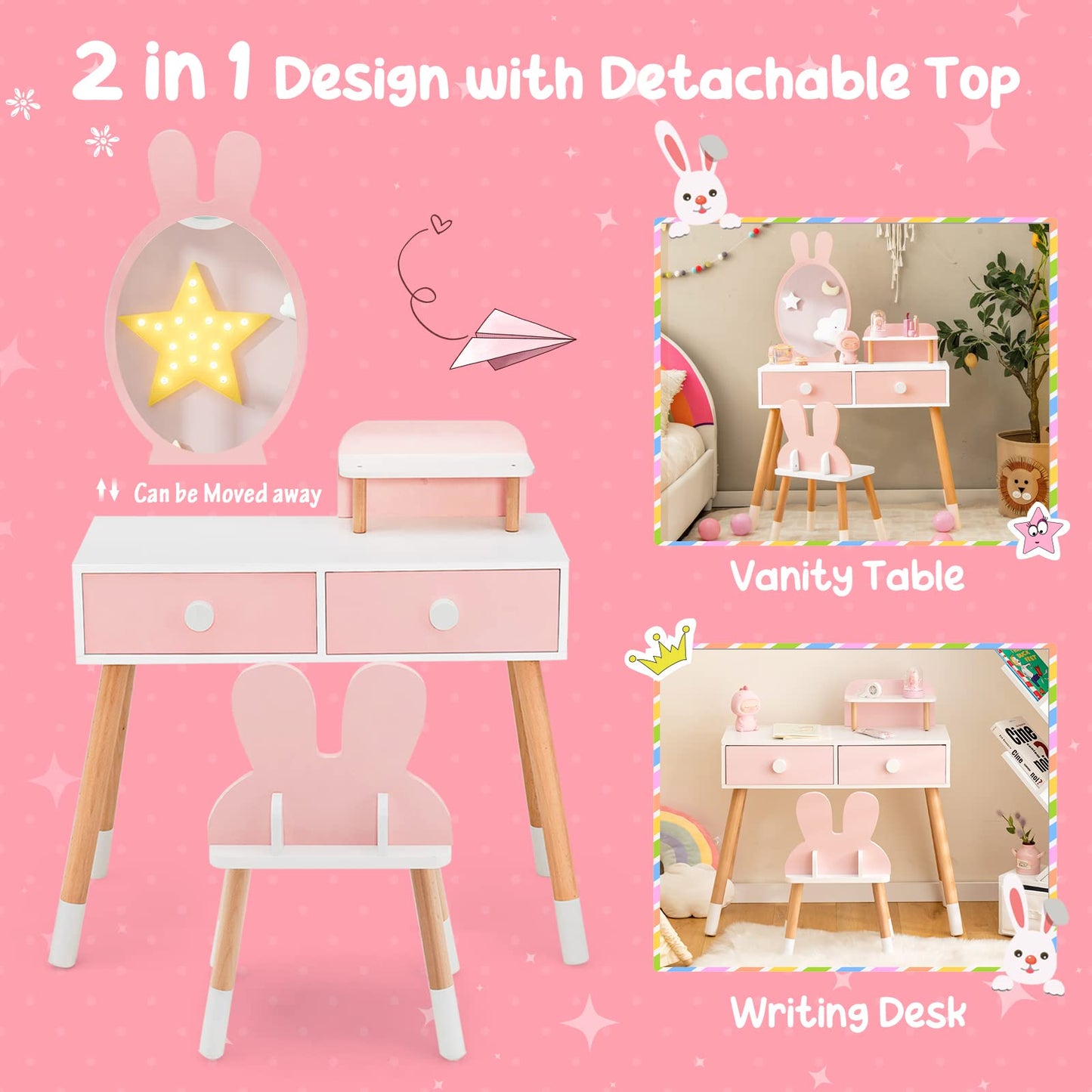 2-in-1 Kids Princess Vanity Table and Chair Set