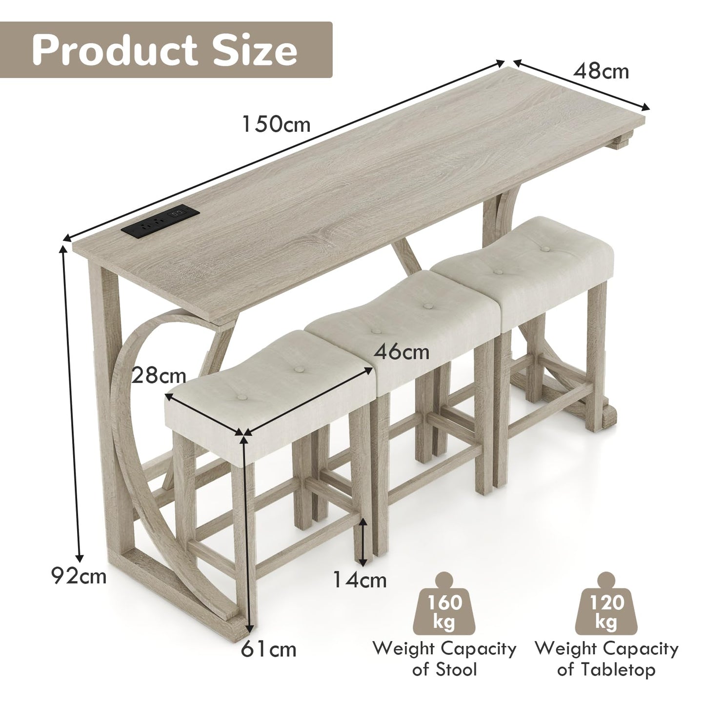 4-Piece Height Bistro Table and Saddle Seat Stools with Power Outlet