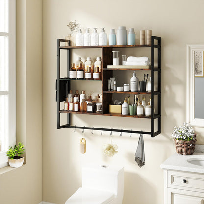 107 CM Industrial Floating Shelves 6-Tier Wall Mounted Shelf with 8 S-Hooks