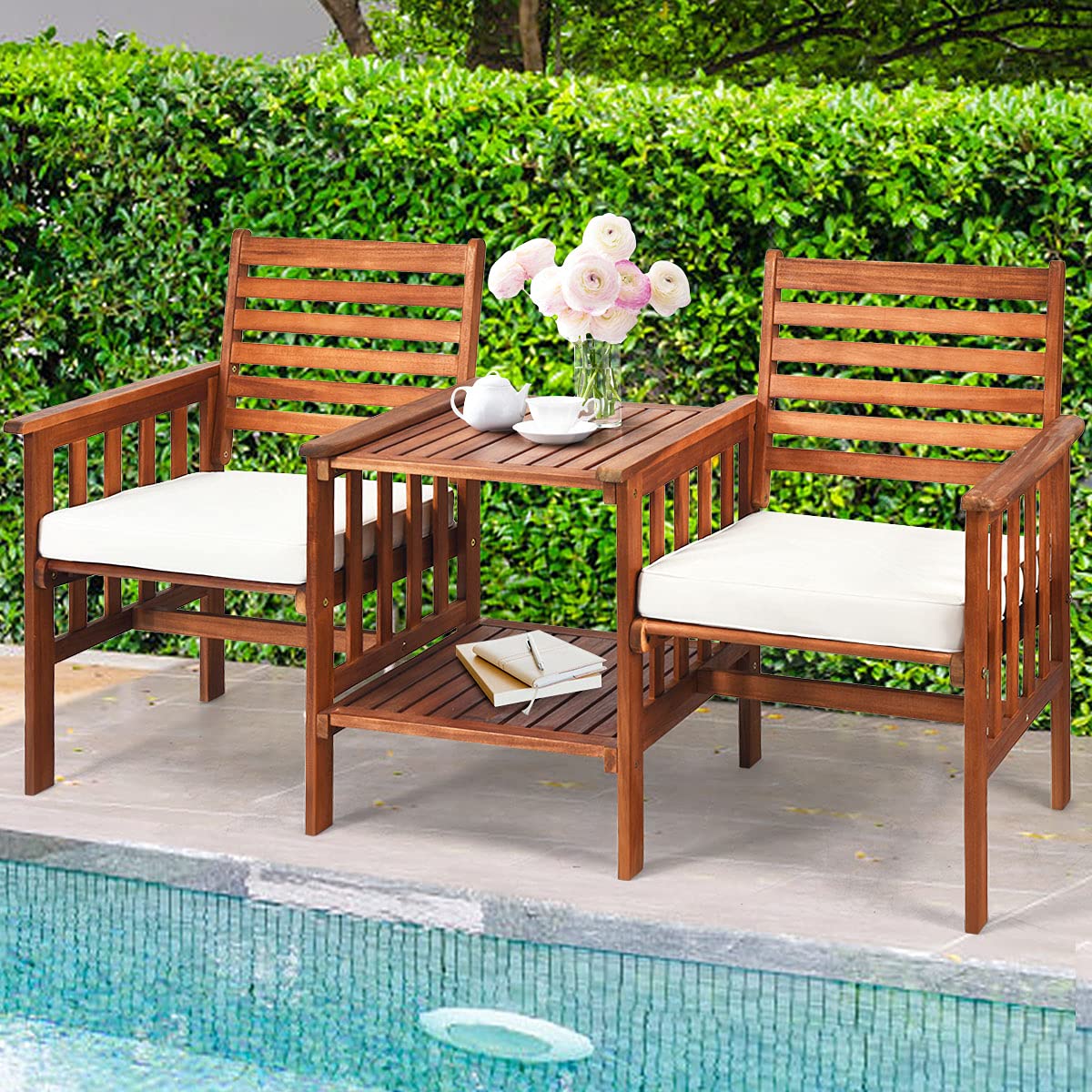 2-Seater Garden Loveseat, Wooden Bench Seat with 2 Tier Coffee Table and Umbrella Hole