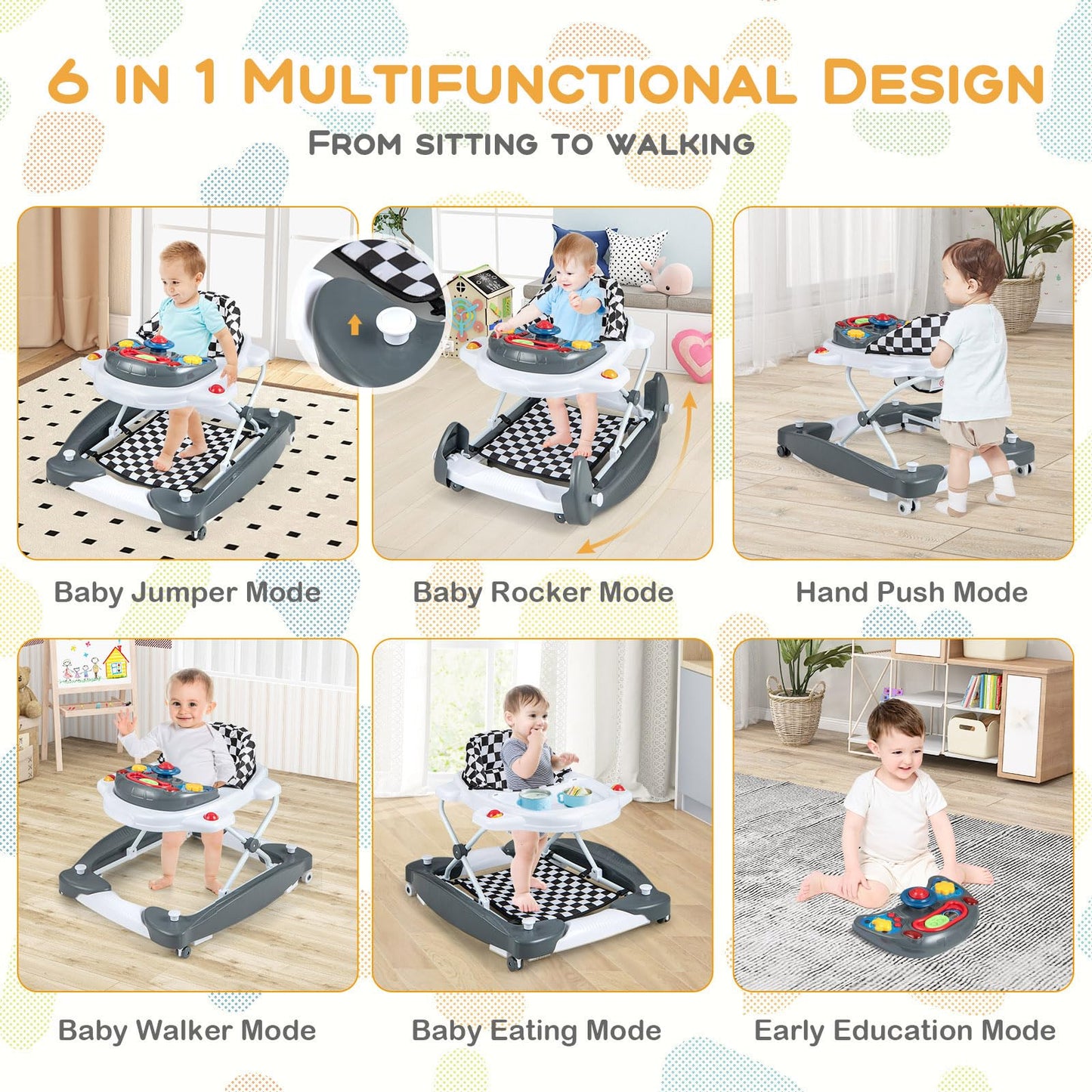 6 in 1 Foldable Push Along Walkers with 3 Adjustable Heights