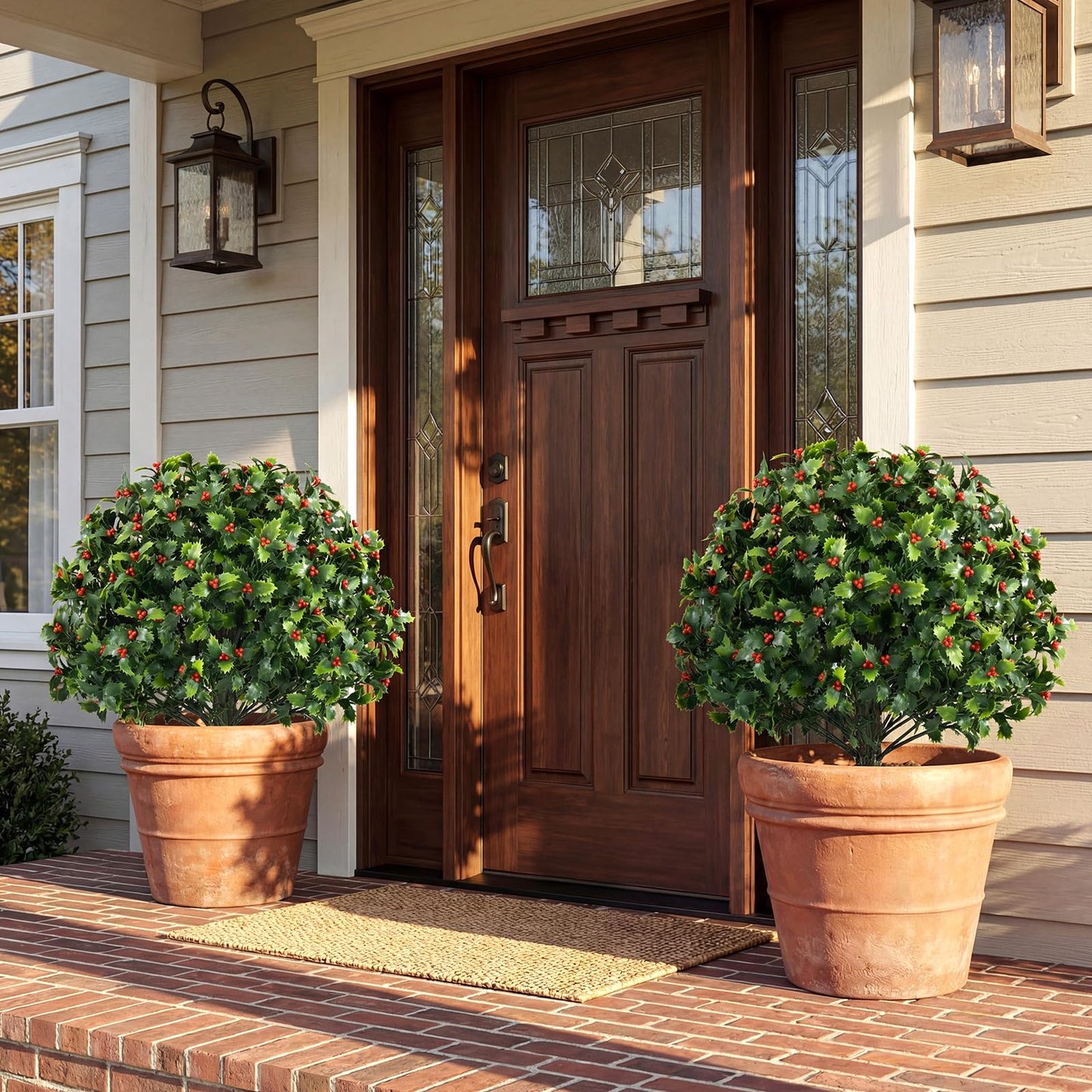 Set of 2 Faux Shrub Bushes with Ground Spikes （Red Berry）