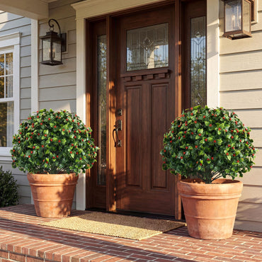 Set of 2 Faux Shrub Bushes with Ground Spikes （Red Berry）