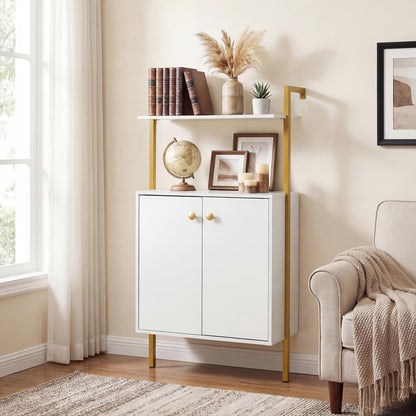 Wall Mounted Bookshelf with 2-Doors Cabinet, 4-Tier Wall Storage Bookcase Shelving Unit