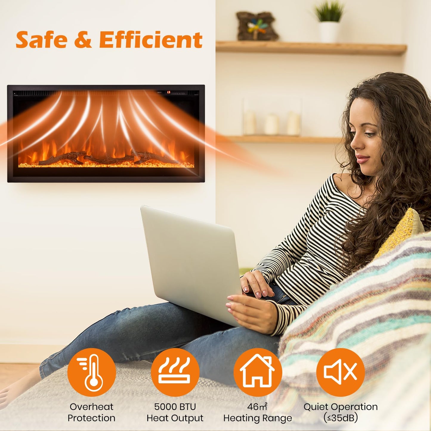 Linear Electric Fireplace with Log and Crystal Decor and Remote Contro