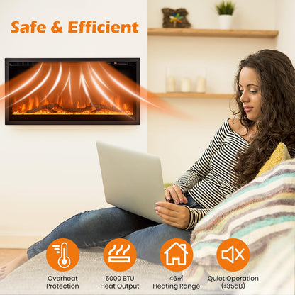 Linear Electric Fireplace with Log and Crystal Decor and Remote Contro