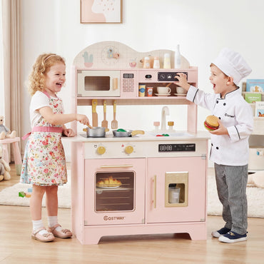Wooden Toy Kitchen, Kids Pretend Play Kitchen with 17 Pcs Accessories