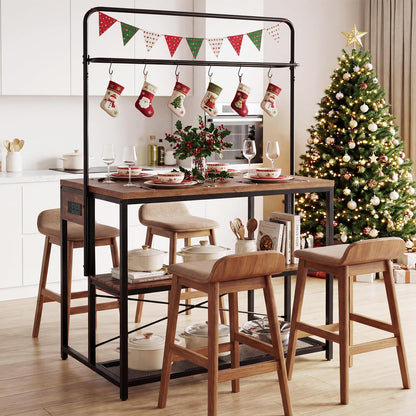 Kitchen Island with Power Outlet, Metal Coffee Bar Table with3 Open Shelves, 6 Hooks & Pull-out Basket, Industrial Bakers Rack Stationary Storage Island for Dining Room,