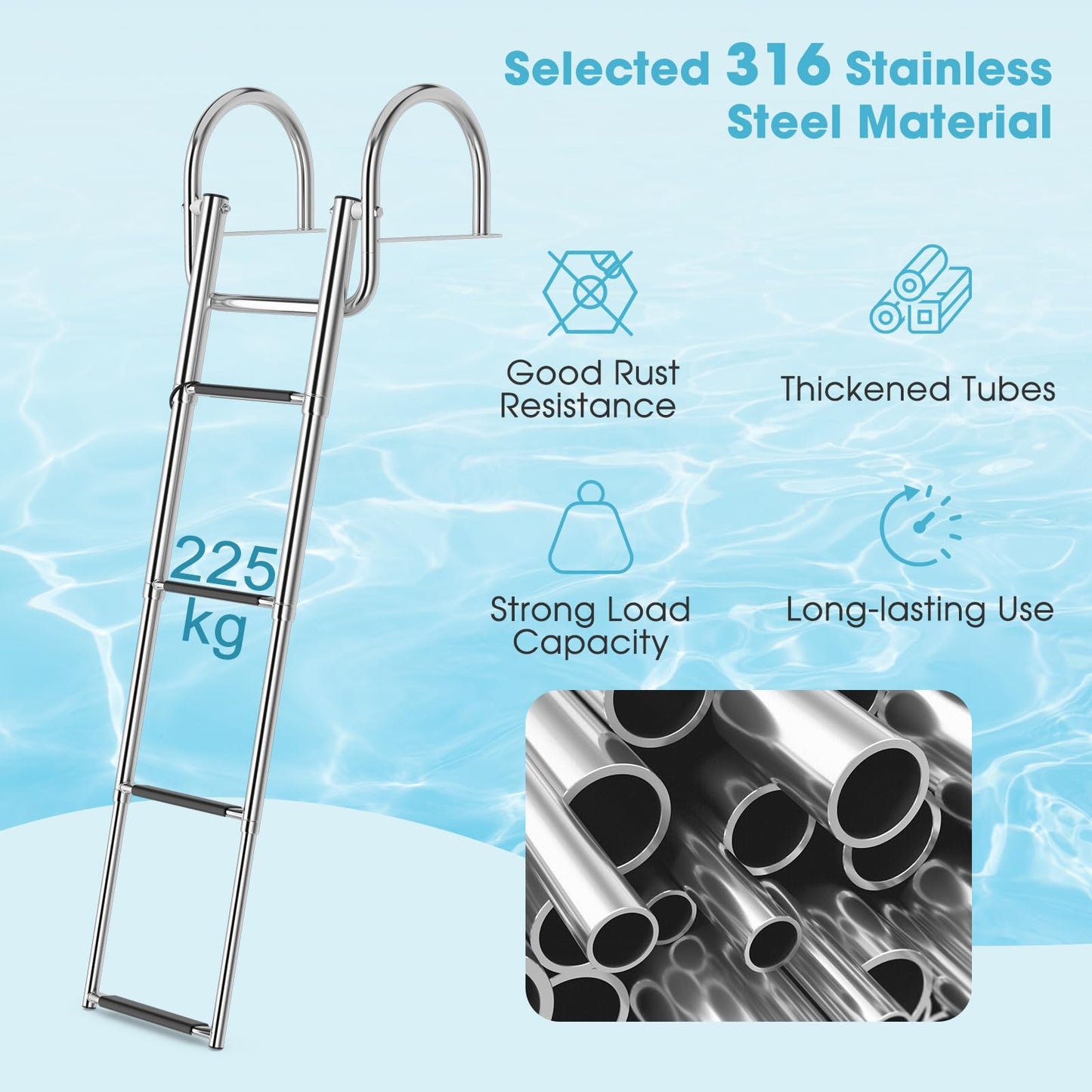 4-Step Telescoping Boat Ladder, Folding Stainless Steel Swim Dock Ladder with Non-slip Steps