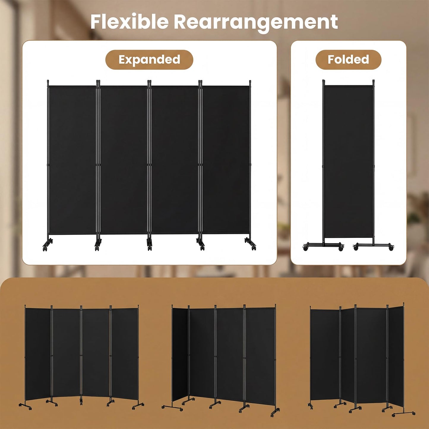 4/6-Panel Folding Room Divider with Wheels