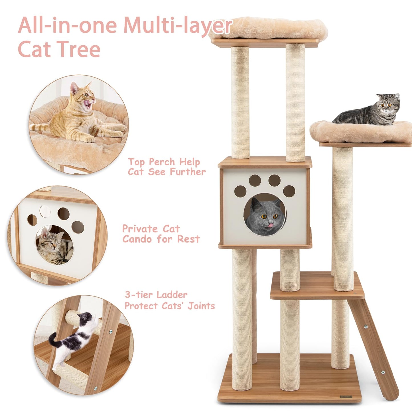 5-Tier Cat Tree Tower with Cando and 2 Padded Plush Perches