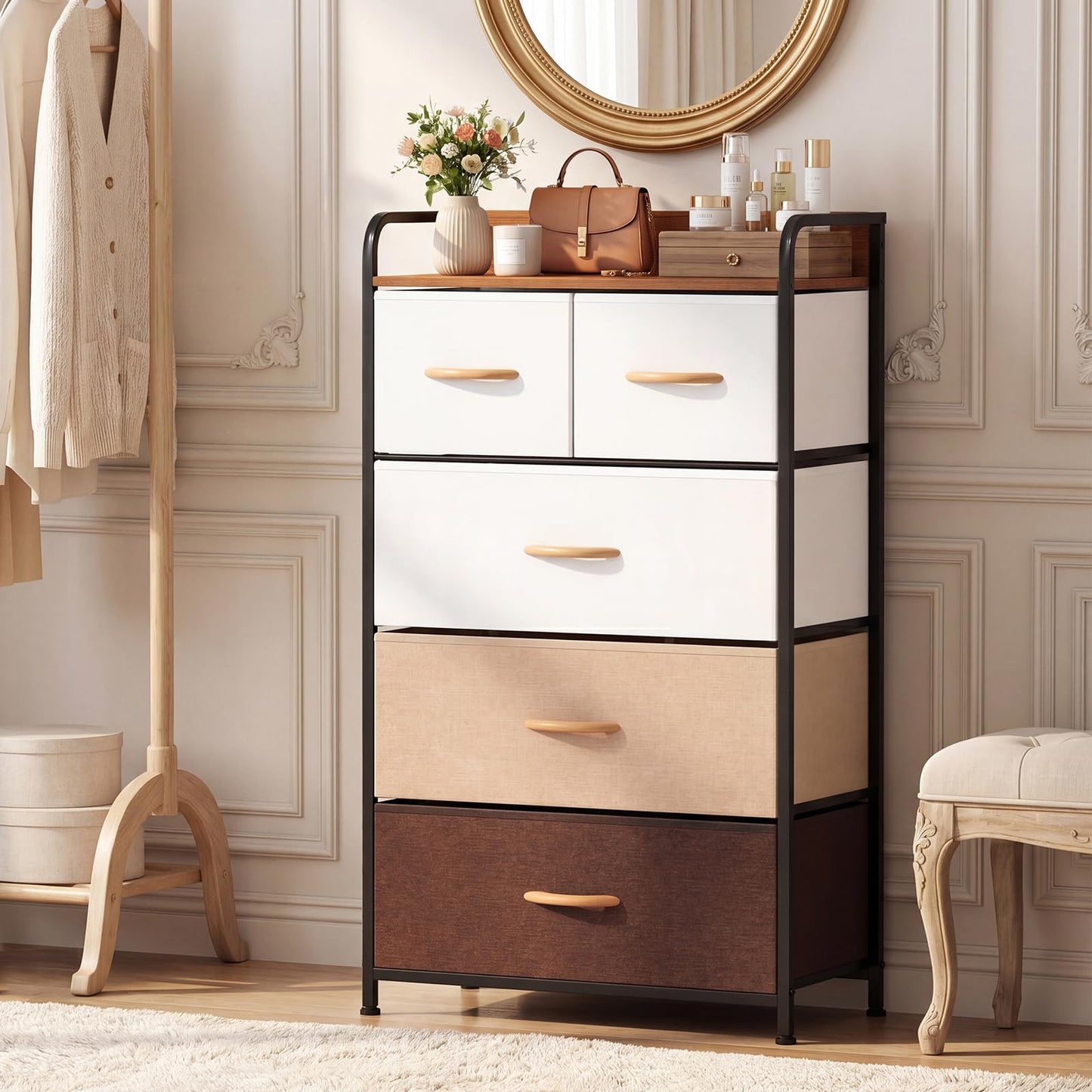 5-Drawer Tall Narrow Fabric Dresser with Removable Fabric Bins