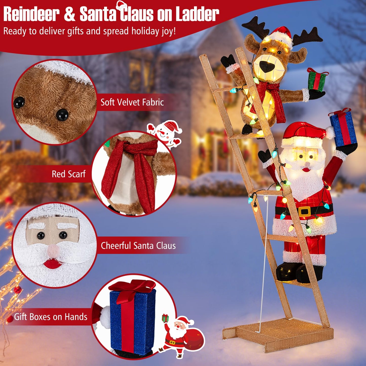 5.5 Feet Lighted Reindeer and Santa Claus on Ladder 3D Pre-Lit Indoor Outdoor