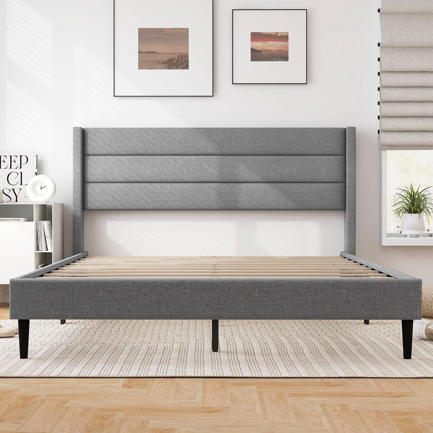 Single/Double Size Bed Frame with Wingback Headboard and Wooden Slats Support