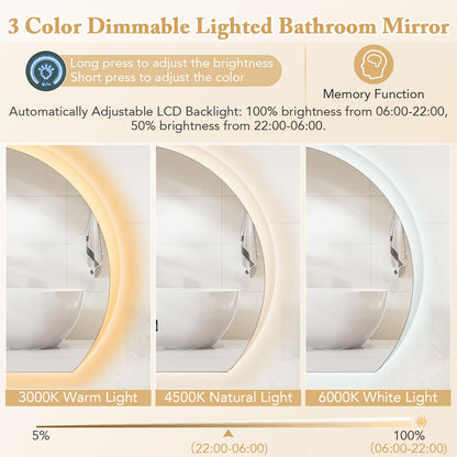 Half Circle LED Bathroom Mirror with Touch Switch and 3-Color Lights