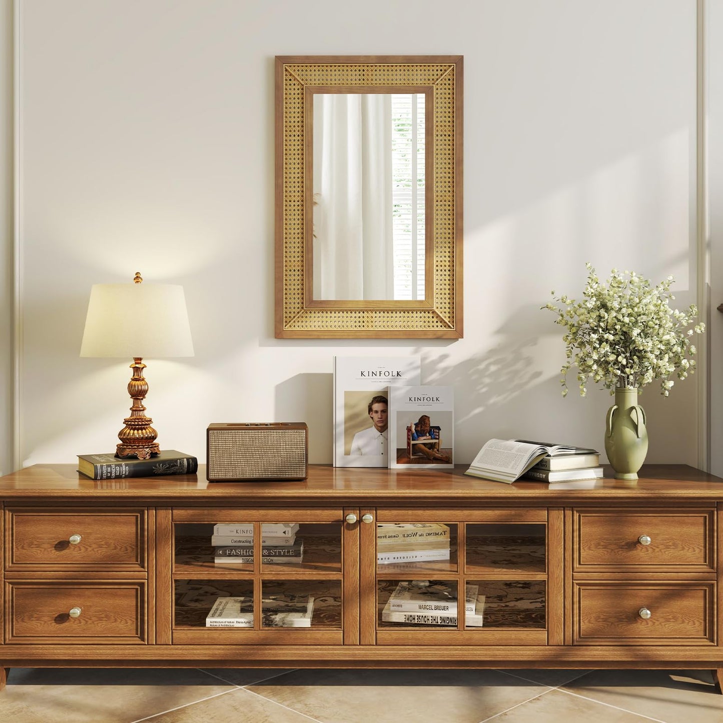 Rattan Decorative Wall Mirror, Large Wooden Frame Hanging Vanity Mirror
