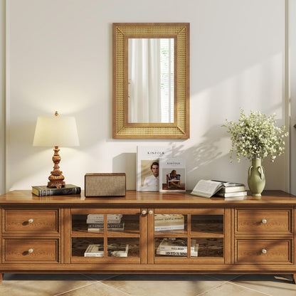 Rattan Decorative Wall Mirror, Large Wooden Frame Hanging Vanity Mirror