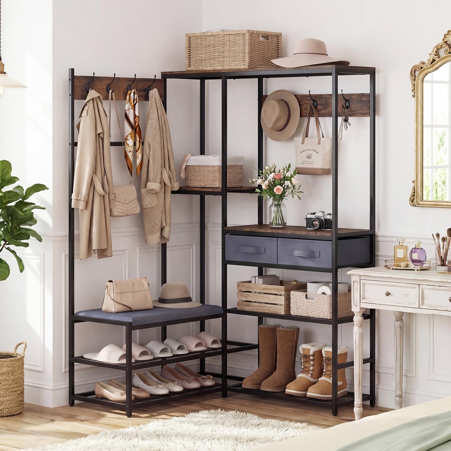 Corner Hall Tree, Coat Rack Stand with Shoe Storage Bench, Shelves