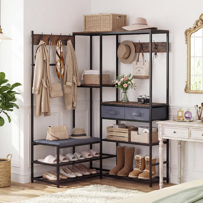 Corner Hall Tree, Coat Rack Stand with Shoe Storage Bench, Shelves