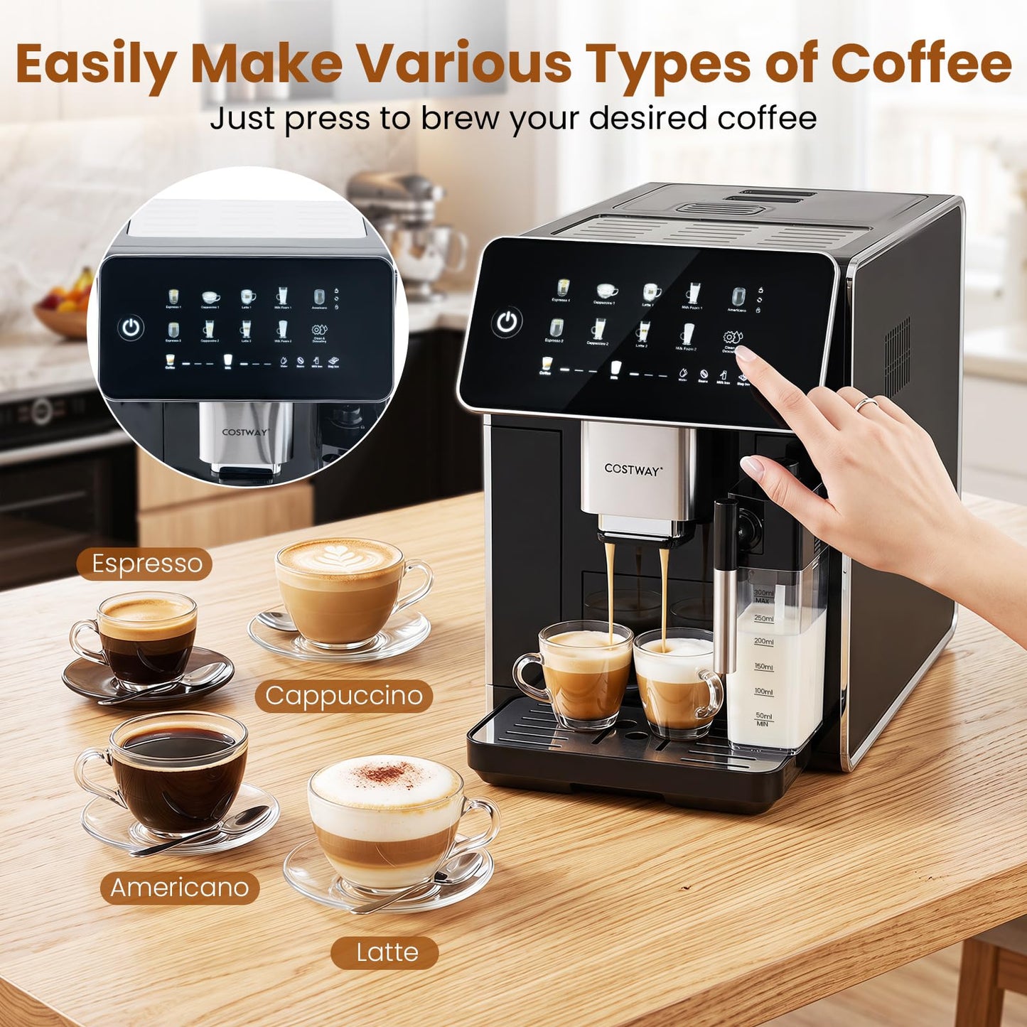 All-in-One Grind and Brew Coffee Maker with Milk Frother and Auto Self-Cleaning