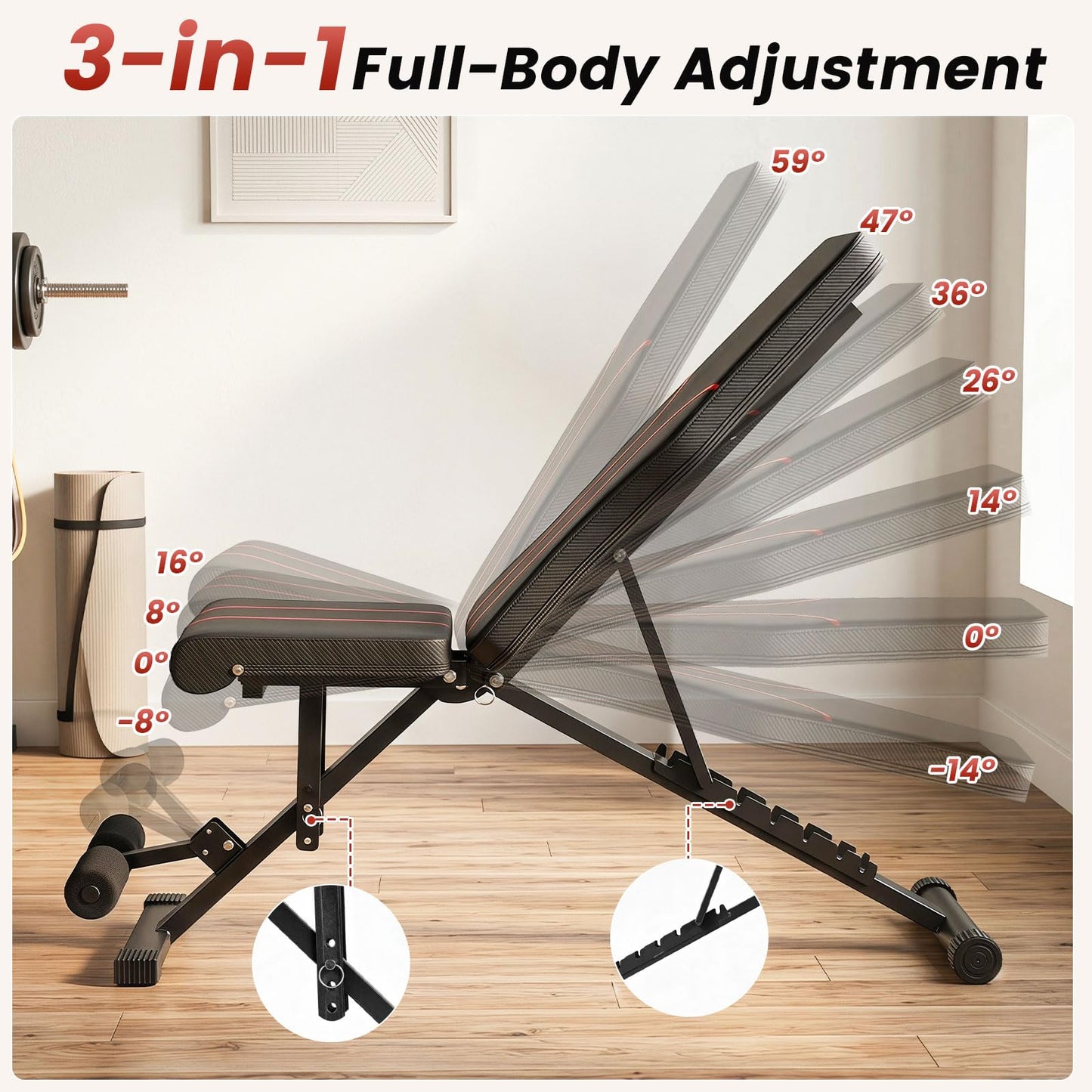 Adjustable Foldable Black Dumbbell Bench with PU Upholstery and Heavy-Duty Iron Frame