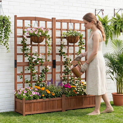 Wooden Garden Planter with Trellis, Raised Garden Bed with 2 Boxes