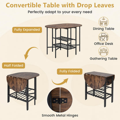 3-Piece Drop Leaf Dining Table Set with 2 Chairs and 2-Tier Storage Shelves for Kitchen