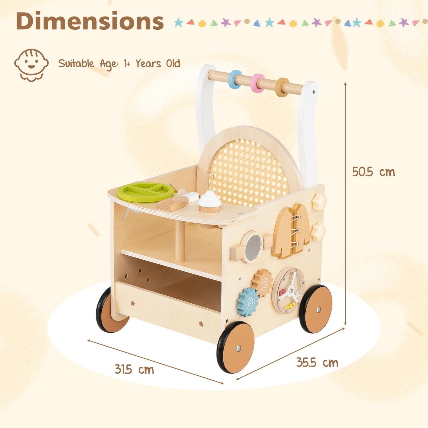 13-In-1 Wooden Baby Walker with Wheels and Storage for Boys Girls Aged 1+