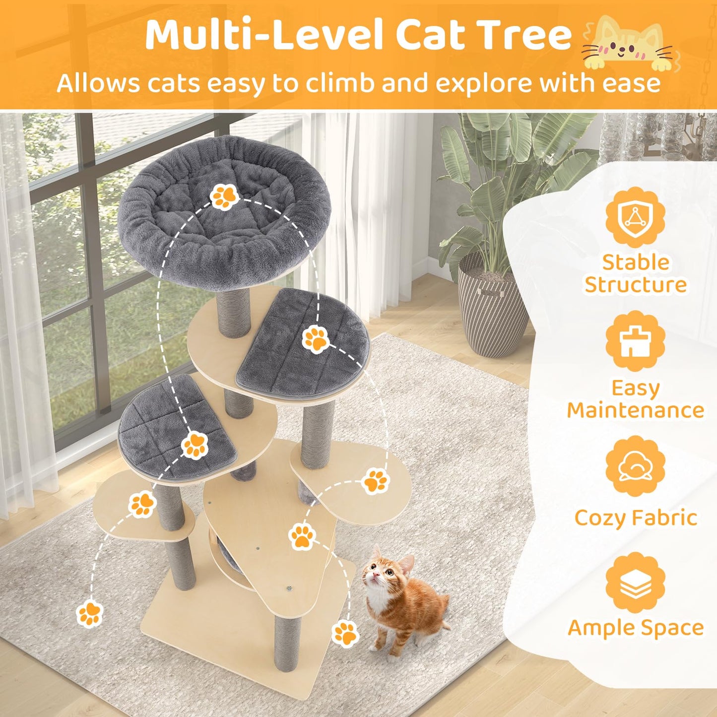 Cat Tree, Tall Multi-Layer Cats Tower with Comfy Padded Top Perch
