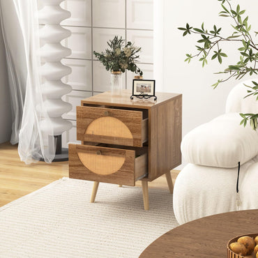 Rattan Bedside Table, Wooden Nightstand Sofa Side Table with 2 Storage Drawers