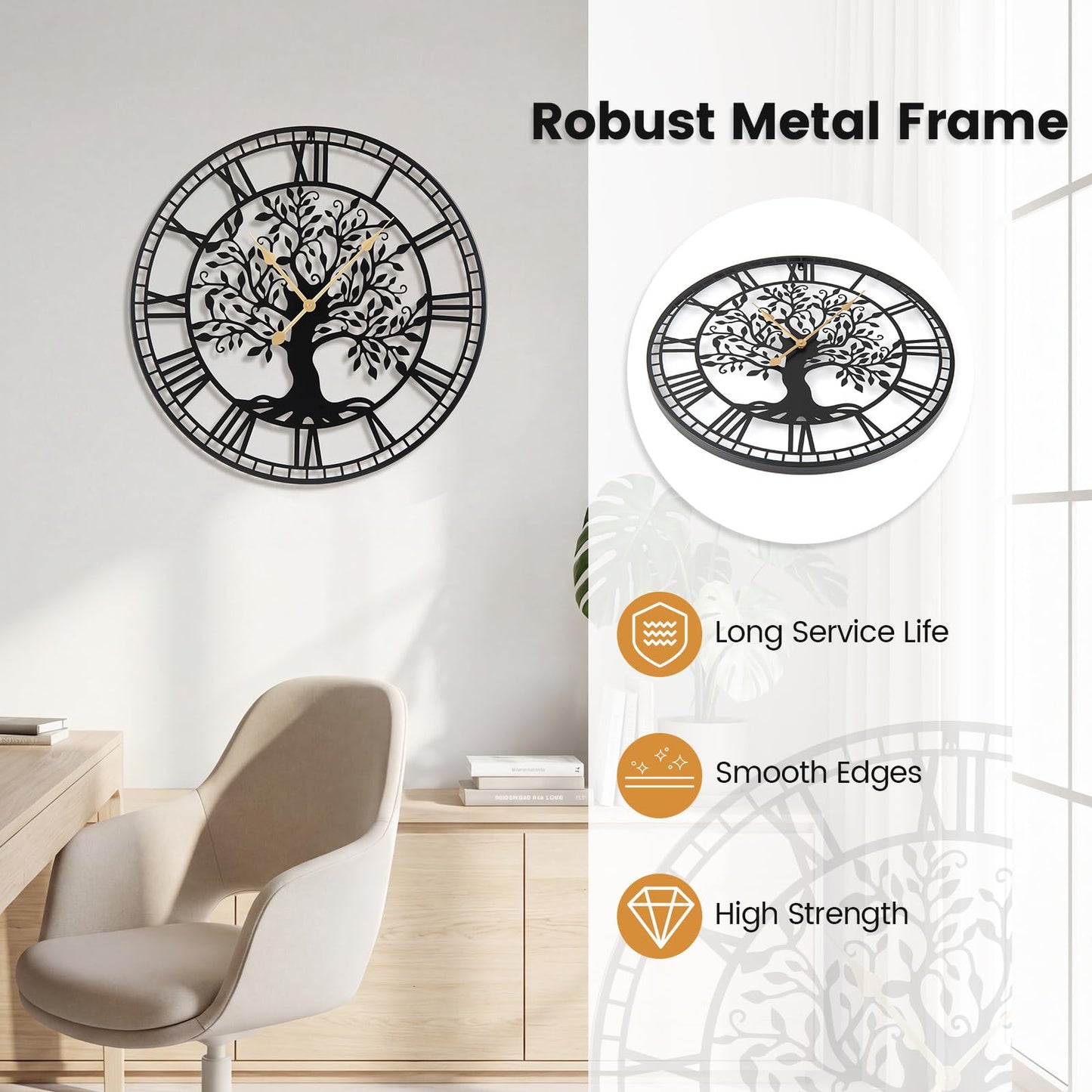 Large Wall Clock, 27”/68cm Metal Non-Ticking Decorative Clock