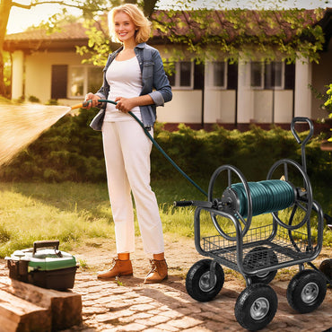 Garden Hose Reel Cart with 4 Wheels, Storage Basket & Crank Handle