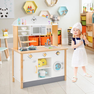 Wooden Kids Play Kitchen, Chef Pretend Toy Kitchen with Clock